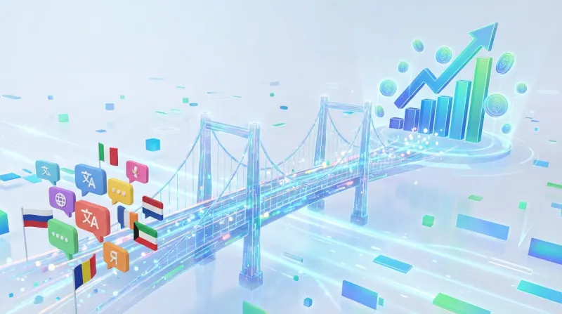 גשר תרגום דיגיטלי המחבר בין סמלי שפות ומדינות שונות לגרף צמיחה עולה וסמלי מטבע.