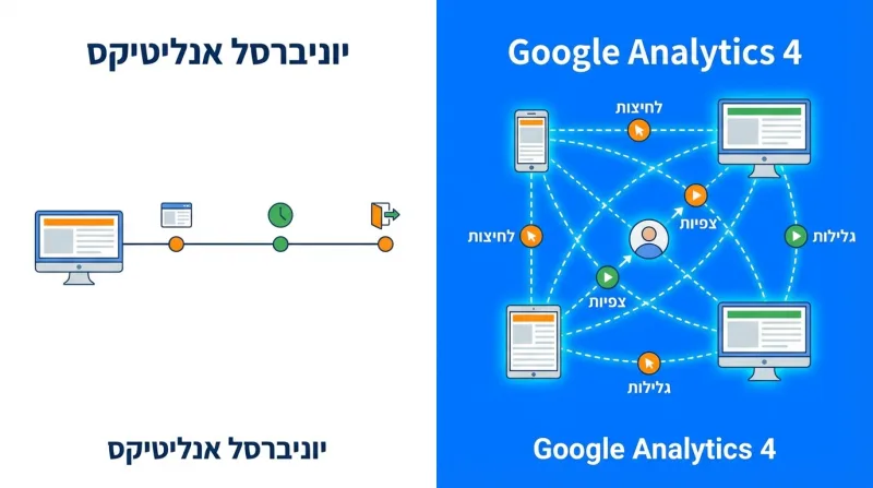 אינפוגרפיקה המשווה את מודל הנתונים של יוניברסל אנליטיקס (מבוסס הפעלות ליניאריות) לעומת גוגל אנליטיקס 4 (מבוסס אירועים ומשתמשים חוצי-מכשירים).