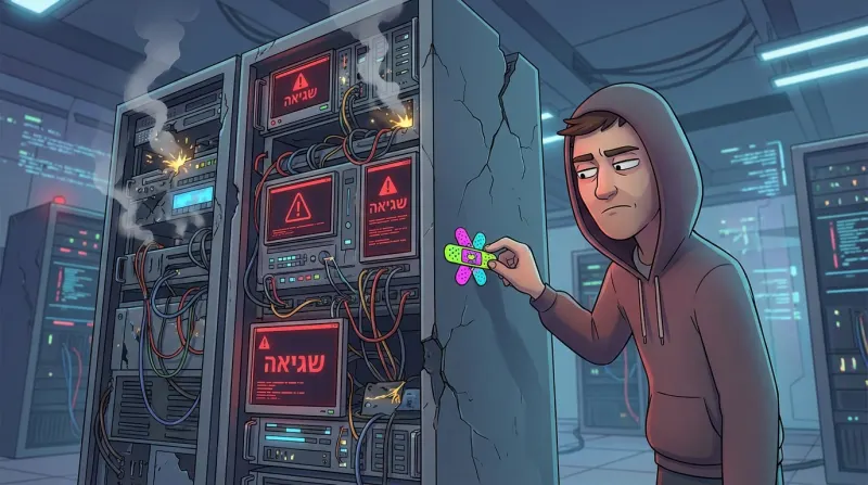 איור של אדם המנסה לתקן שרת מחשבים קריטי, מעלה עשן וסדוק, על ידי הדבקת פלסטר קטן, כאשר המסכים מציגים את המילה "שגיאה" בעברית.