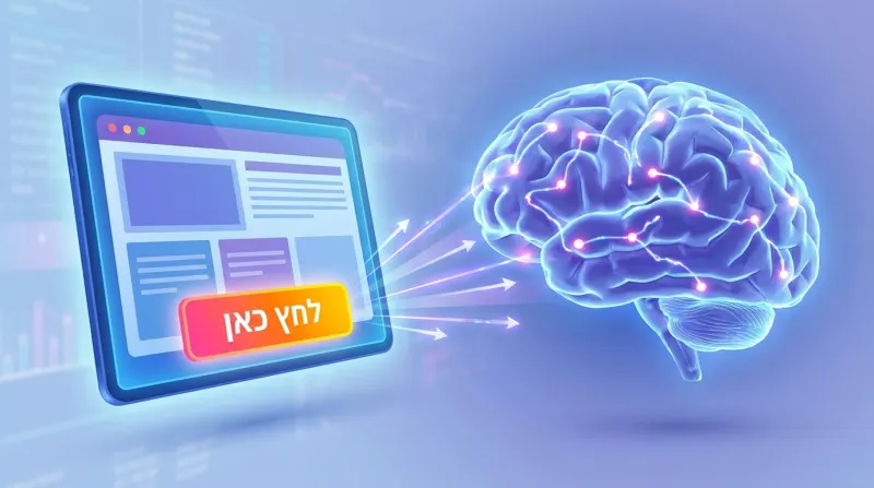 אילוסטרציה של ממשק דיגיטלי בטאבלט עם כפתור קריאה לפעולה "לחץ כאן" השולח אותות למוח אנושי דיגיטלי זוהר.
