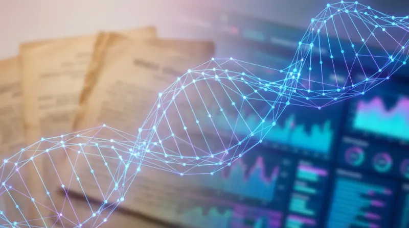 הדמיה דיגיטלית של מבנה DNA כחול וזוהר, על רקע מסמכים היסטוריים ולוחות מחוונים של ניתוח נתונים