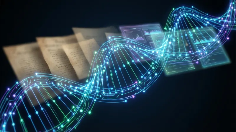 סליל DNA דיגיטלי זוהר מרחף מעל מסמכים היסטוריים ומסכי נתונים, הממחיש את הקשר בין גנטיקה, היסטוריה משפחתית וטכנולוגיה.