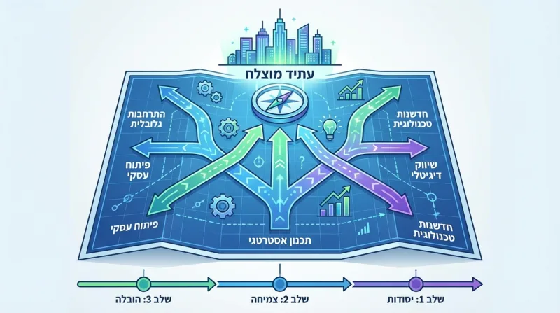אינפוגרפיקה של מפת דרכים אסטרטגית לעתיד עסקי מוצלח, המציגה נתיבי צמיחה כמו פיתוח עסקי, חדשנות טכנולוגית, שיווק דיגיטלי והתרחבות גלובלית, המחולקים לשלושה שלבים: יסודות, צמיחה והובלה.
