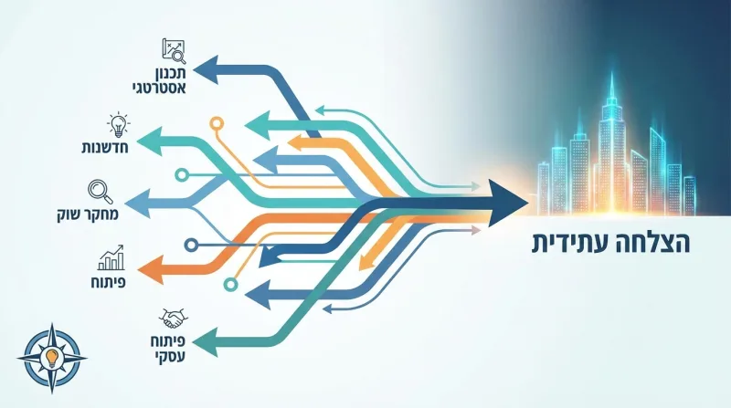 אינפוגרפיקה המציגה כיצד תכנון אסטרטגי, חדשנות, מחקר שוק, פיתוח ופיתוח עסקי מובילים להצלחה עתידית.