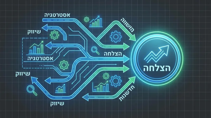 אינפוגרפיקה טכנולוגית בסגנון ניאון הממחישה כיצד תהליכי אסטרטגיה, שיווק, חדשנות ומנועי צמיחה מתנקזים ומובילים להצלחה עסקית.