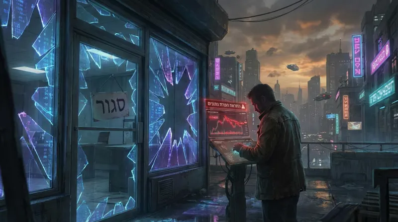 גבר מביט במסך התראת "הפרת נתונים" בעברית על רקע עיר סייברפאנק עתידנית. משמאלו חנות עם חלון ראווה מנופץ ושלט "סגור".