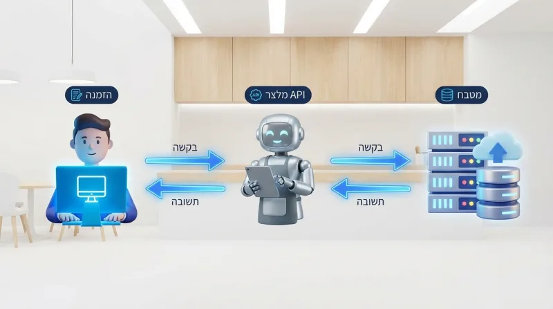 דיאגרמה הממחישה איך עובד API באמצעות אנלוגיית מסעדה: לקוח המזמין דרך מלצר (API) מהמטבח (השרת)