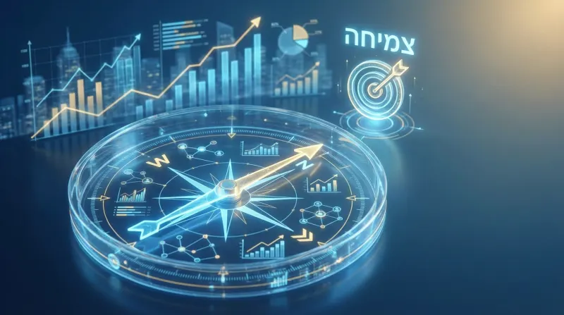 אילוסטרציה של מצפן דיגיטלי המצביע על מטרת 'צמיחה' עם גרפים פיננסיים עולים ברקע