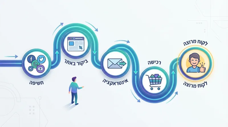 איור של משפך שיווקי המציג את שלבי הלקוח: חשיפה, ביקור באתר, אינטראקציה, רכישה, ולקוח מרוצה