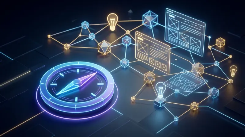 איור של מצפן דיגיטלי זוהר המנווט ברשת מסועפת של ממשקי אינטרנט, נורות רעיונות וחיבורי נתונים בסביבה טכנולוגית חשוכה.