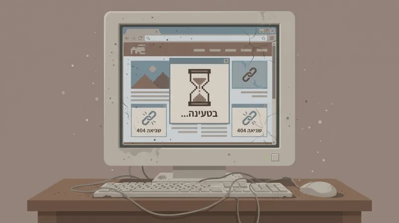 איור פיקסל ארט של מחשב שולחני ישן, סדוק ומאובק, המציג דפדפן עם שעון חול, הכיתוב "בטעינה..." ושגיאות 404.
