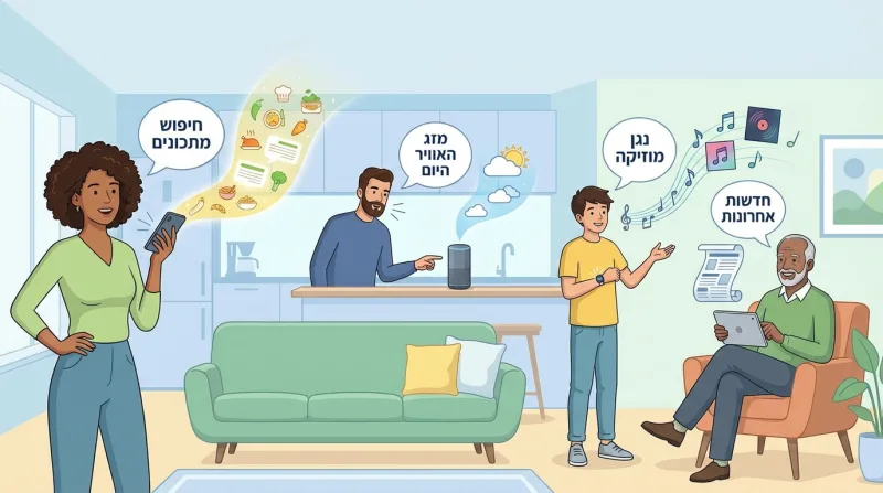 איור של משפחה רב-דורית בבית חכם, המשתמשת ברמקול חכם, טלפון וטאבלט לביצוע פקודות קוליות בעברית כמו חיפוש מתכונים, בדיקת מזג אוויר, ניגון מוזיקה וקריאת חדשות.