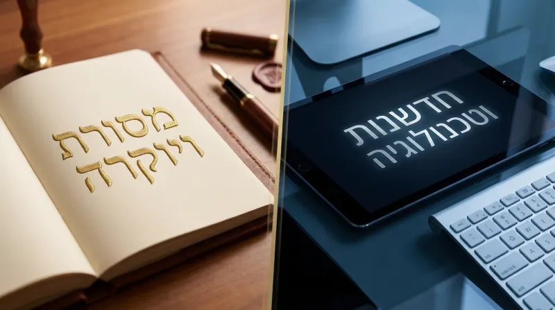 תמונה מפוצלת המציגה ספר עתיק עם הכיתוב "מסורת ומורשת" בצד שמאל, וטאבלט מודרני עם הכיתוב "חדשנות וטכנולוגיה" בצד ימין.