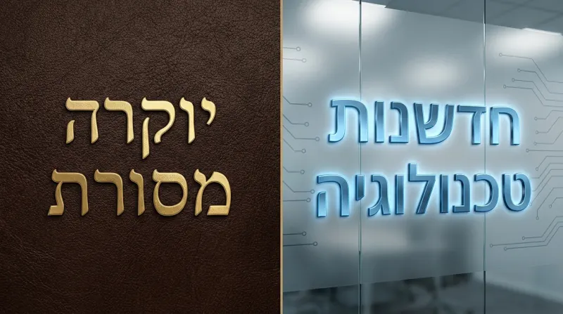 תמונה המציגה את הניגוד והשילוב בין יוקרה ומסורת (טקסט זהב על עור) לבין חדשנות וטכנולוגיה (טקסט כחול זוהר על זכוכית היי-טק)