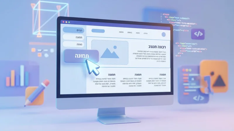 אילוסטרציית תלת ממד של ממשק משתמש לבניית אתרים, עם סמן העכבר לוחץ על כפתור להוספת תמונה.