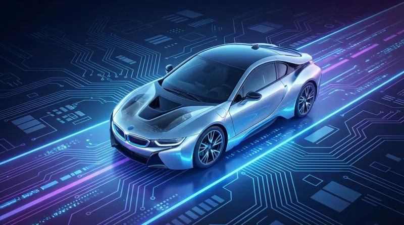 מכונית ספורט היברידית BMW i8 כסופה על כביש דיגיטלי המעוצב כלוח מעגלים מודפסים זוהר בצבעי כחול וסגול.