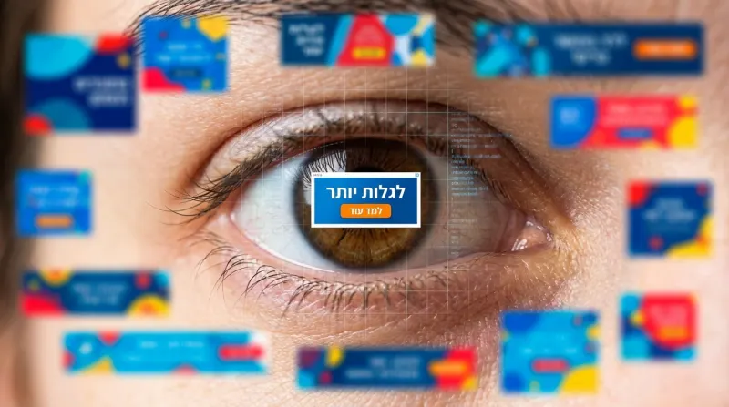 עין אנושית מסתכלת על באנר פרסומי דיגיטלי עם הכיתוב "לגלות יותר" במרכז האישון, מוקפת במודעות באנר נוספות