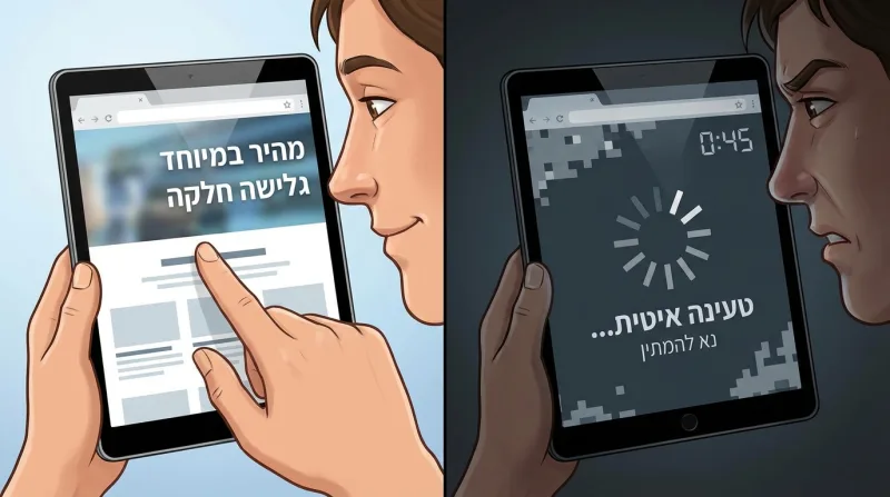 השוואה בין חווית גלישה מהירה וחלקה בטאבלט לבין טעינה איטית ומתסכלת.