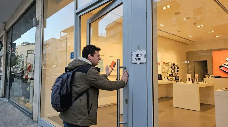 אדם מנסה לפתוח דלת זכוכית של חנות סגורה זמנית, עם שלט "סגור זמנית" בעברית. פנים החנות נראה כמו חנות סלולר.