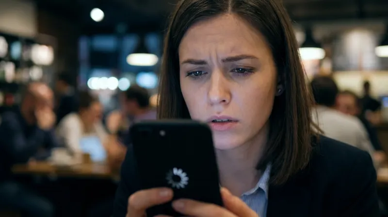 אישה מודאגת בבית קפה חווה מחשבות טורדניות בזמן שהיא מביטה בטלפון הנייד.
