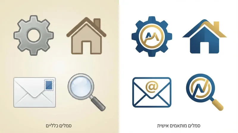 השוואה ויזואלית בין סט סמלים כלליים ופשוטים לבין סט סמלים מותאמים אישית וממותגים בצבעי כחול וזהב.
