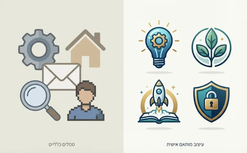השוואה חזותית בין קבוצת סמלים כלליים ופשוטים בצד שמאל, לבין ארבעה אייקונים מעוצבים אישית ומודרניים בצד ימין.