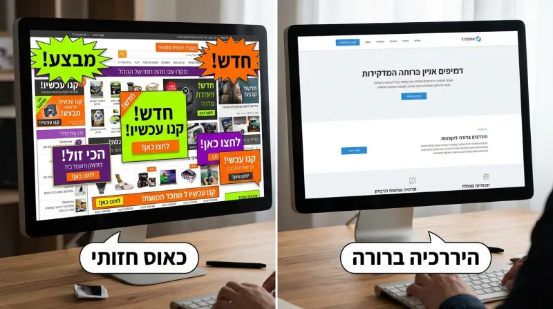 השוואה חזותית בין אתר אינטרנט עמוס ומבולגן ("כאוס חזותי") לבין אתר נקי ומאורגן ("היררכיה ברורה")