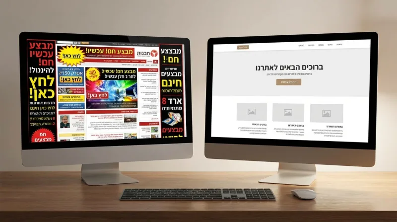 השוואה בין שני מסכי מחשב: המסך השמאלי מציג אתר אינטרנט עמוס, מיושן ומלא בפרסומות אגרסיביות, בעוד המסך הימני מציג תבנית אתר נקייה, מודרנית ומינימליסטית.