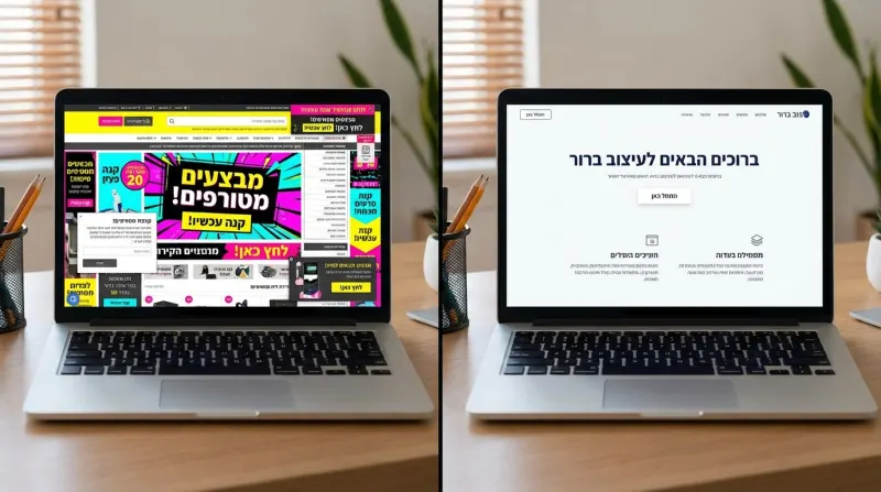 שני מחשבים ניידים מציגים השוואת עיצוב אתר לפני ואחרי. המסך השמאלי מראה אתר עמוס ומיושן, והמסך הימני מציג עיצוב נקי, מודרני וברור.