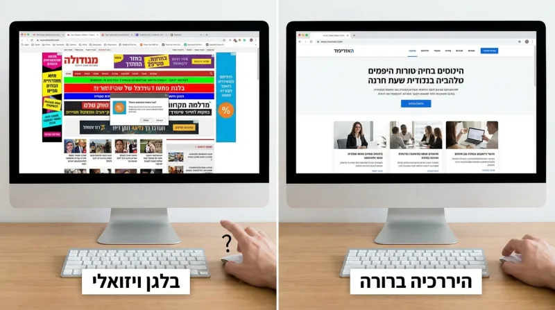 השוואה ויזואלית בין שני מסכי מחשב המציגים אתרי אינטרנט. בצד שמאל, אתר עמוס בפרסומות ותוכן עם הכיתוב 'בלגן ויזואלי'. בצד ימין, אתר נקי ומסודר עם הכיתוב 'היררכיה ברורה'.