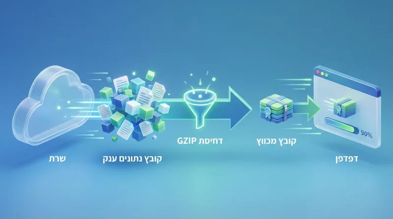 דיאגרמה ויזואלית של תהליך דחיסת GZIP, המציגה העברת קובץ נתונים ענק משרת, מעבר דרך משפך דחיסה, והגעה כקובץ מכווץ לדפדפן.