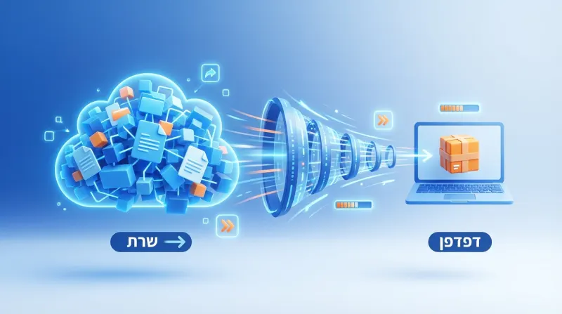 המחשת תהליך טעינת אתר אינטרנט: נתונים זורמים מענן השרת דרך רשת למחשב הדפדפן