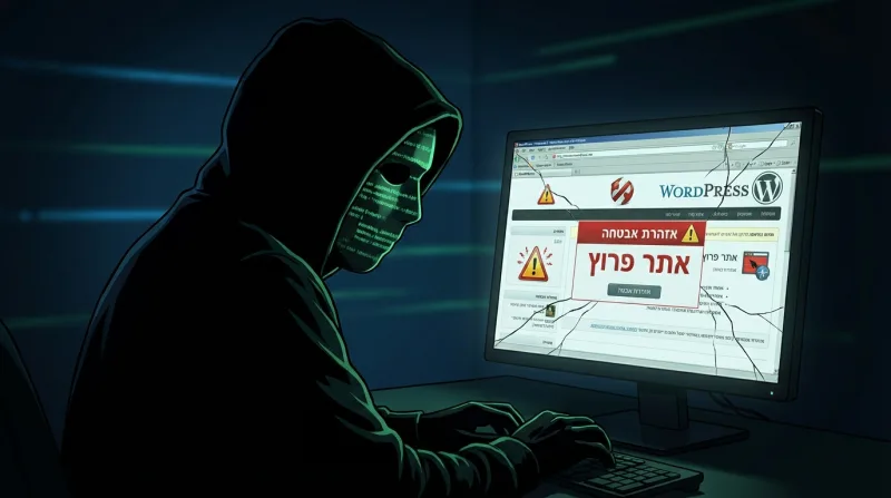 האקר מול מחשב המציג אתר וורדפרס פרוץ עם הודעת אזהרת אבטחה