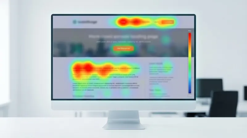צג מחשב המציג מפת חום (Heatmap) של אתר אינטרנט, עם אזורים אדומים וכתומים המעידים על פעילות גולשים גבוהה.