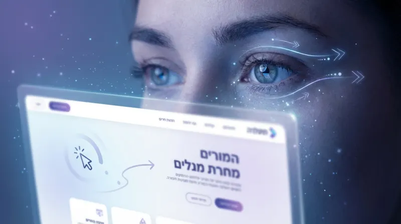 עיניים של אישה מביטות במסך דיגיטלי הולוגרפי ועתידני, המציג ממשק בעברית עם הכותרת "העתיד של המורים".