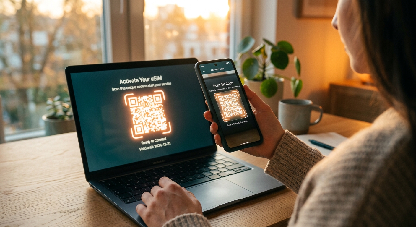 אישה סורקת קוד QR ממסך מחשב נייד באמצעות סמארטפון לצורך הפעלת כרטיס eSIM