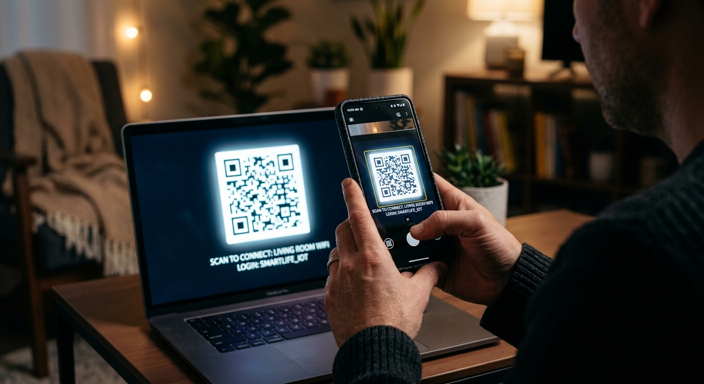 גבר סורק קוד QR ממסך מחשב נייד באמצעות סמארטפון לחיבור מהיר לרשת ה-Wi-Fi