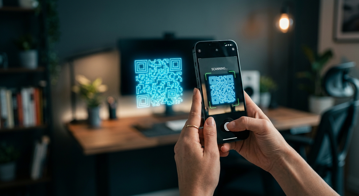 סריקת קוד QR דיגיטלי זוהר באמצעות סמארטפון על רקע סביבת עבודה מודרנית