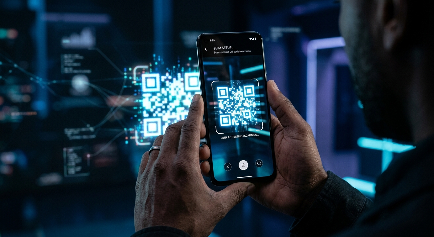 אדם מחזיק סמארטפון וסורק קוד QR מואר כדי להפעיל ולהגדיר כרטיס eSIM