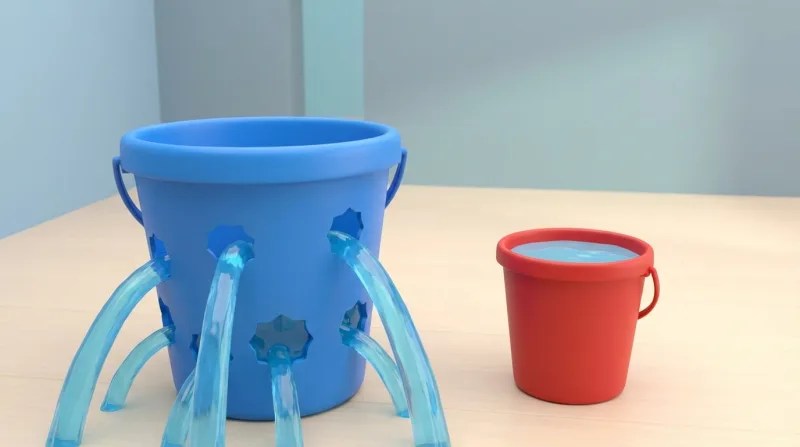 דלי כחול מחורר שמים פורצים ממנו ליד דלי אדום מלא
