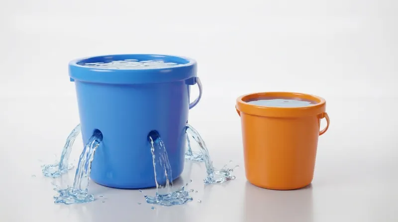 דלי כחול גדול עם חורים בתחתית שמהם פורצים מים, עומד לצד דלי כתום קטן יותר ומלא מים שאינו דולף.