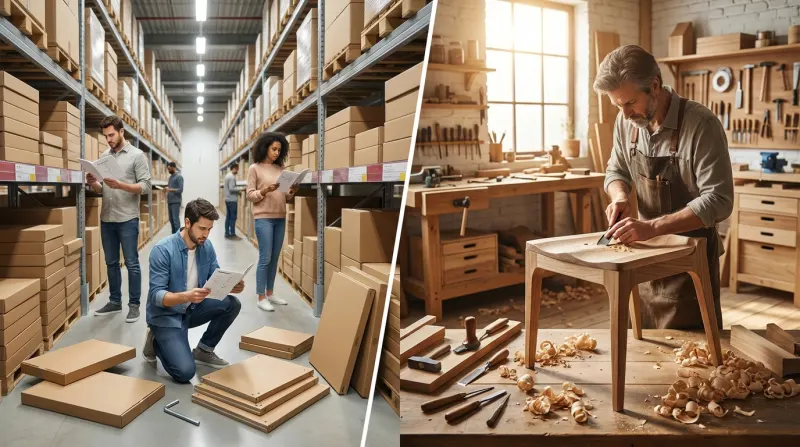תמונה מפוצלת המציגה השוואה בין ייצור המוני של רהיטים להרכבה עצמית במחסן לוגיסטי, לבין נגר אומן המגלף כיסא עץ בעבודת יד בנגרייה מסורתית.