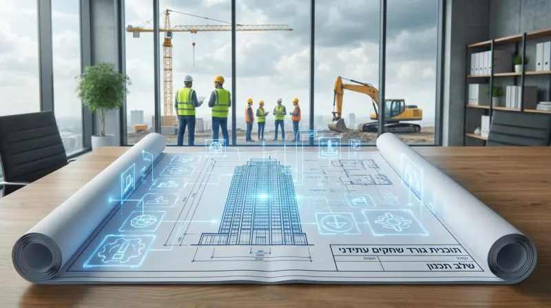שרטוטים אדריכליים על שולחן עם הדמיה הולוגרפית של גורד שחקים חכם, כשברקע אתר בניה פעיל וצוות מהנדסים