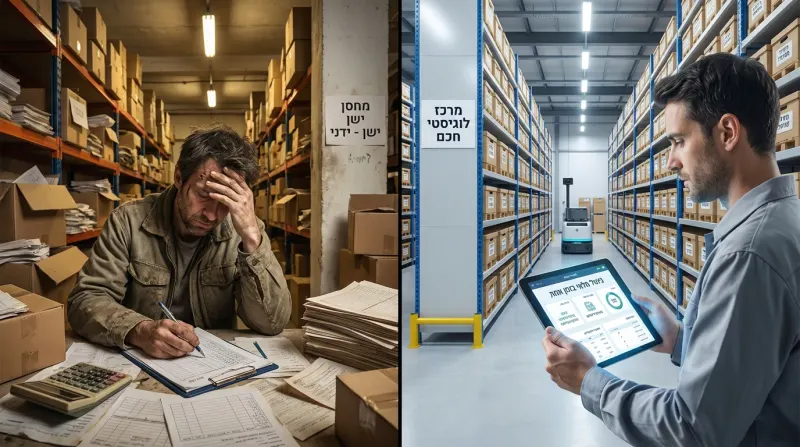 תמונה מפוצלת המציגה השוואה בין מחסן ידני מיושן ועמוס בניירת לבין מרכז לוגיסטי חכם ומודרני המנוהל בעזרת טאבלט ורובוטיקה