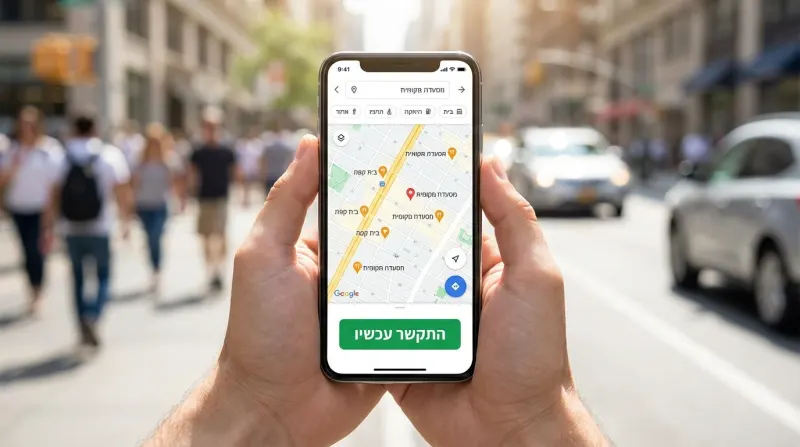 ידיים אוחזות בסמארטפון המציג פרסום בגוגל מפות עם כפתור ירוק 'התקשר עכשיו' עבור חיפוש 'מסעדה מקומית', על רקע רחוב עירוני הומה.