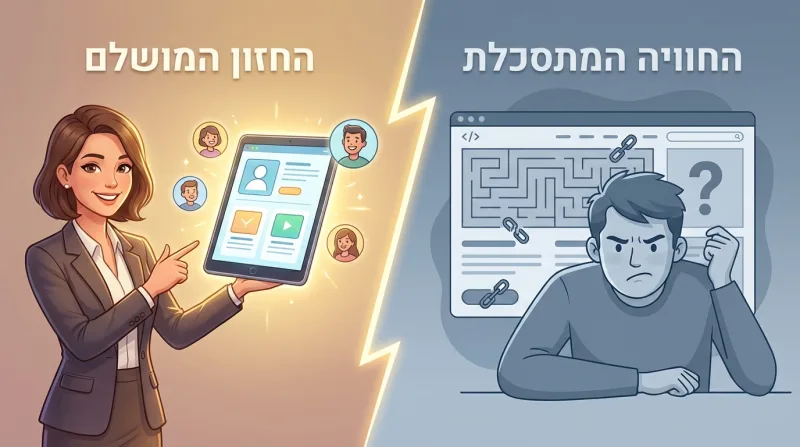 איור המשווה בין "החזון המושלם" של חווית משתמש דיגיטלית חיובית לבין "החוויה המתסכלת" של אתר מסובך