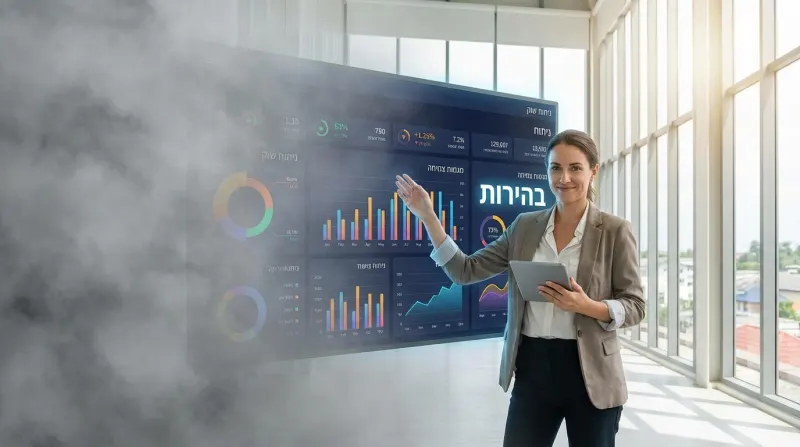 אשת עסקים מציגה ניתוח נתוני שוק בחירות על מסך דיגיטלי גדול, כשהערפל סביב הנתונים מתפזר ומגלה את המילה "בהירות".