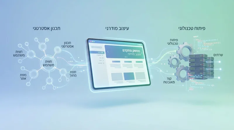 איור המתאר את תהליך בניית אתר אינטרנט, הכולל שלושה שלבים עיקריים: תכנון אסטרטגי וחווית משתמש, עיצוב ממשק מודרני על גבי טאבלט, ופיתוח טכנולוגי עם שרתים וקוד.