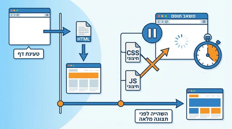 דיאגרמה המדגימה את השפעת משאבים חוסמים, כמו קבצי CSS ו-JS חיצוניים, על מהירות טעינת דף אינטרנט והשהיית התצוגה המלאה.