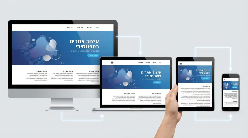 הדגמה של עיצוב אתרים רספונסיבי על גבי מסכי מחשב נייח, לפטופ, טאבלט וסמארטפון.